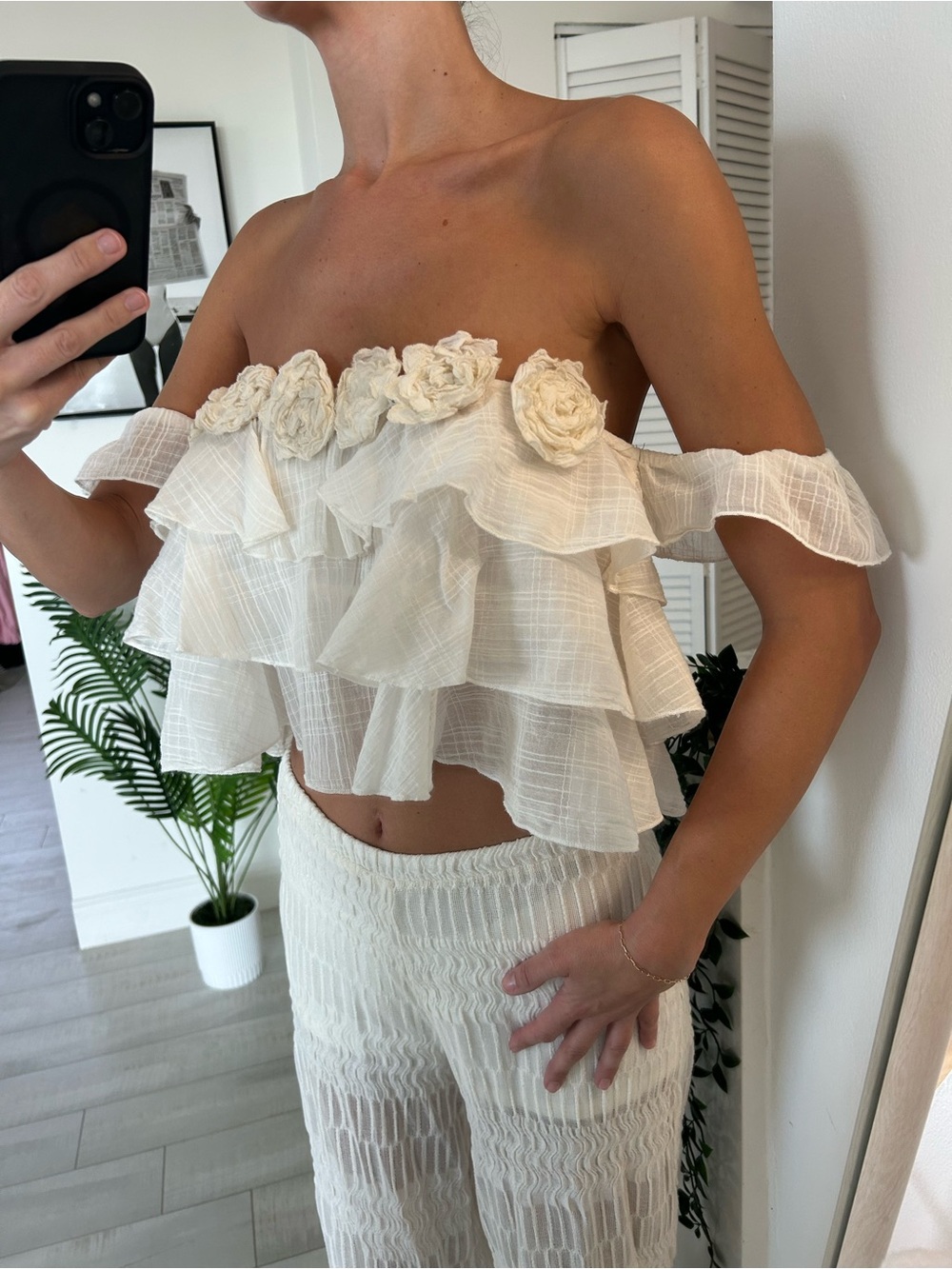 Zara Cream Off-Shoulder Ruffle Camisole with Floral Trim